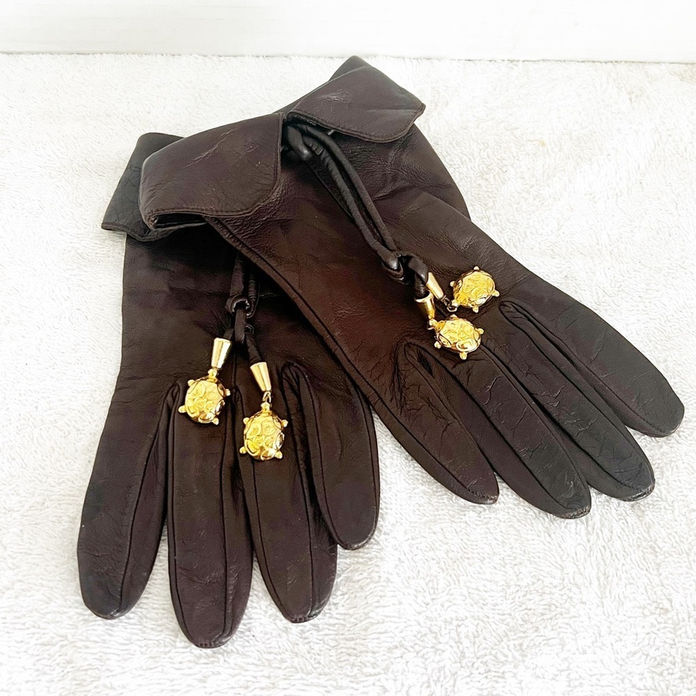 Valentino Garavani Womens Dark Brown Leather / Silk gloves Size 7 Gold Turtles